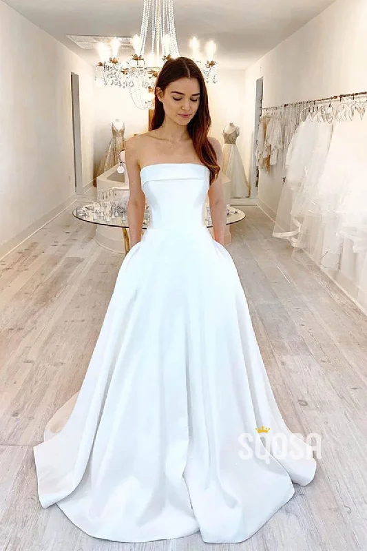 A-line Strapless Ivory Satin Rustic Wedding Dress with Pockets QW2331 Lace Boho Dress