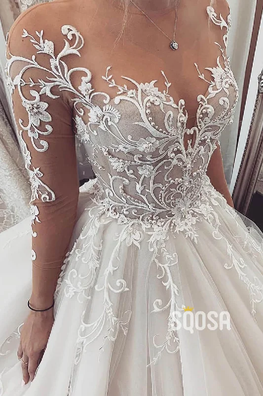 Unique Lace Appliques Long Sleeves A-Line Wedding Dress QW2496 Classic Bridal Dress