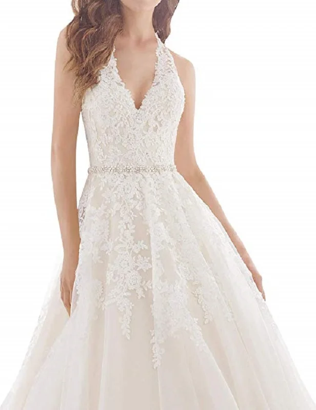 Sexy Wedding Gown  Halter Crystals Waist Lace Appliques Wedding Dress Elegant A-line Gown