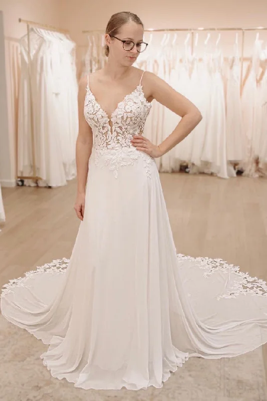 Fairy A Line V Neck Chiffon Long Wedding Dresses with Appliques Simple Wedding Gown