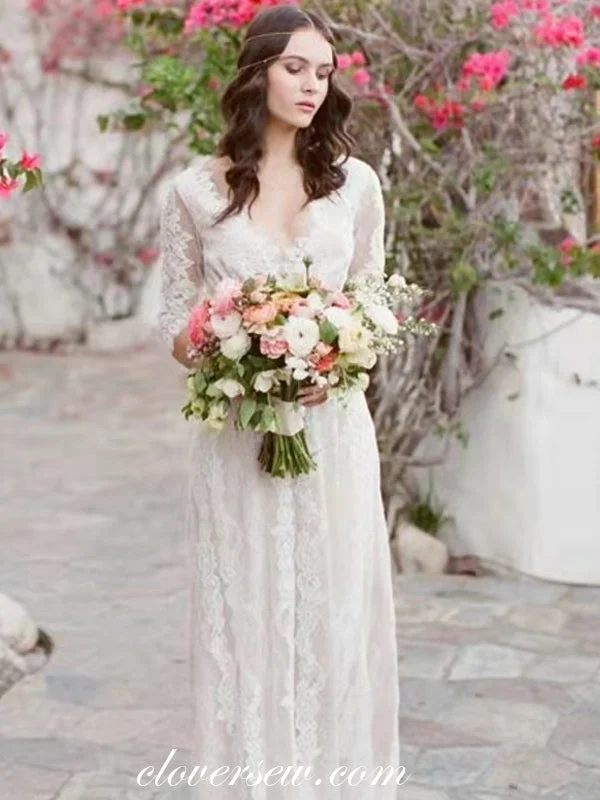 Half Sleeves Lace Charming V-neck Column Boho Wedding Dresses, CW0277 Princess Wedding Dress