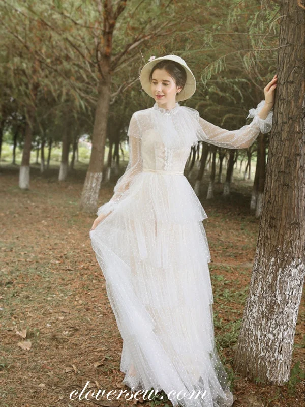 High Neck Lace Tulle Long Sleeves Column Tiered Vintage Wedding Dresses, CW0276 Satin Bridal Gown