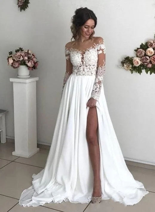 Long A-Line Long Sleeve Wedding Dress with Chiffon Lace and Slit Elegant Lace Gown