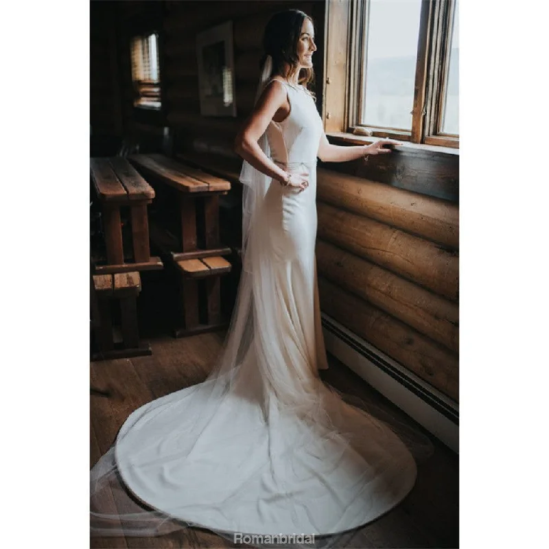 Mermaid Sleeveless Bateau Neck Backless Long Wedding Dresses, WD0440 Sexy Satin Gown