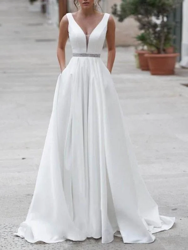 Simple Wedding Dress A Line V Neck Sleeveless Sash Floor Length Bridal Dresses With Train Open Back Dress