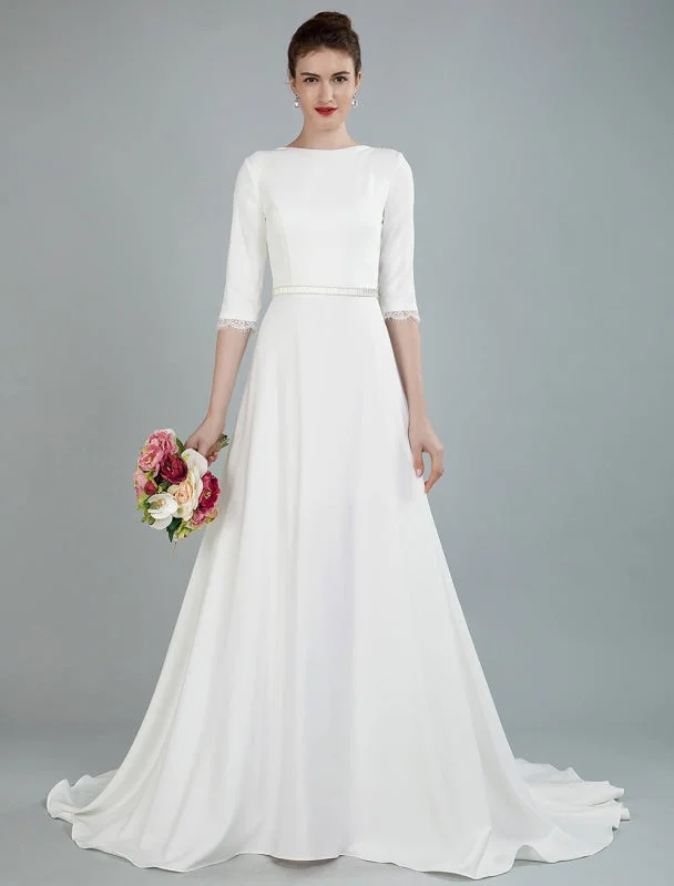 Simple Wedding Dress Beaded Sash Backless Bateau Neck Half Sleeves A Line Bridal Gowns With Court Train Exclusive Chic Wedding Gown