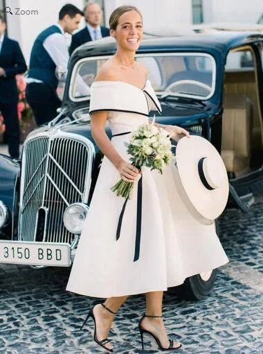 Stylish Vintage Inspired Off Shoulder Tea Length Wedding Dress with Satin Binding Shawl Collar,GDC1110 Floral Bridal Gown