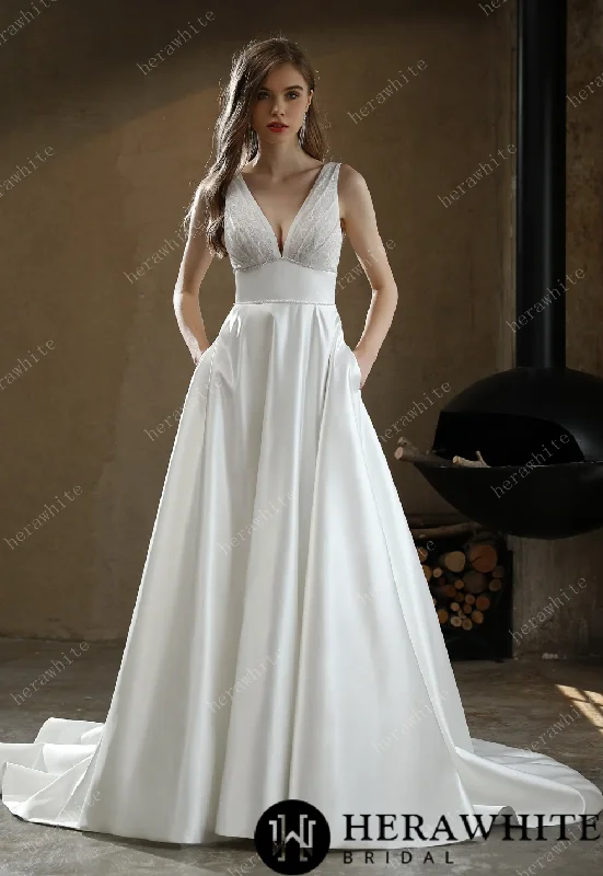 Timeless Satin V-Neck Bridal Gown with Chapel Train Princess Bridal Dress