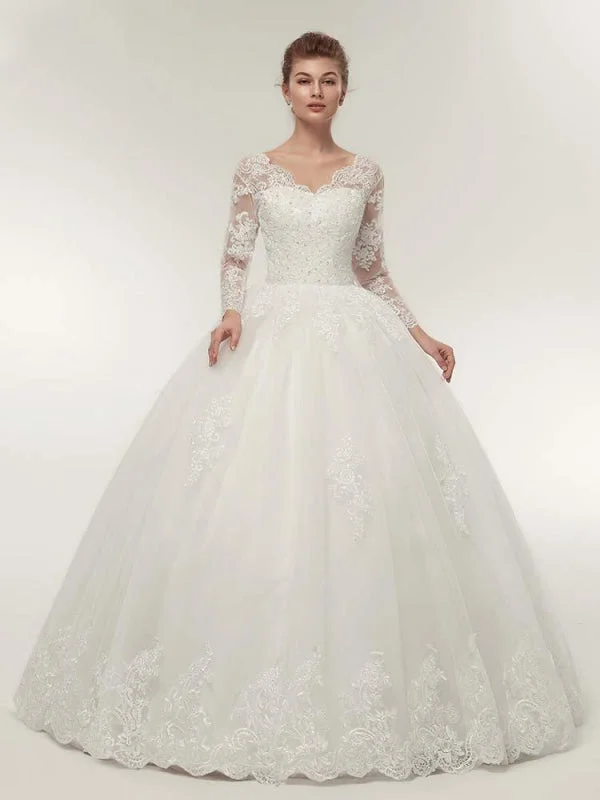 Long Sleeves V-Neck Ball Gown Lace Wedding Dresses Ruffle Wedding Gown