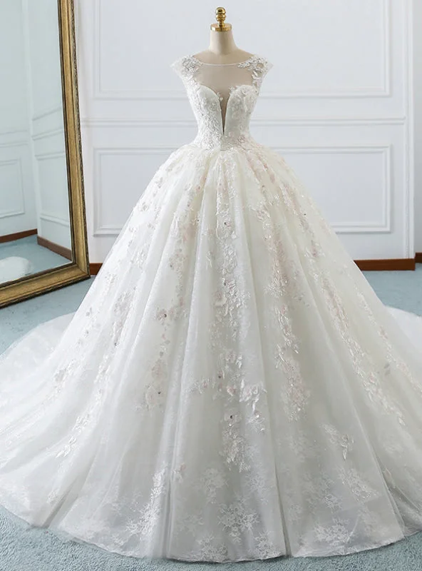 White Ball Gown Tulle Appliques Backless Cap Sleeve Wedding Dress Classic Lace Gown