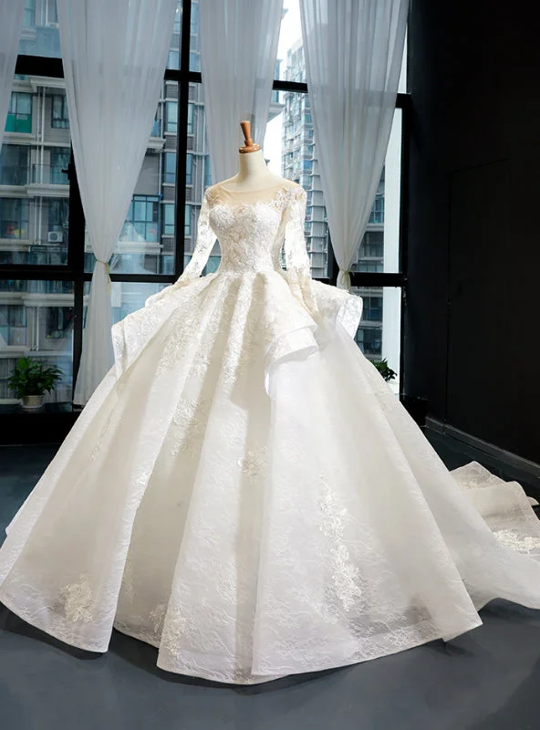 White Ball Gown Tulle Appliques Long Sleeve Backless Wedding Dress Sparkle Bridal Dress