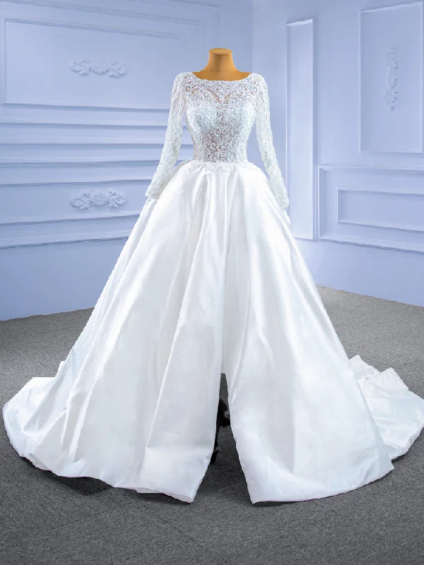 White Satin Lace Long Sleeve Beading Wedding Dress Beaded Bridal Gown