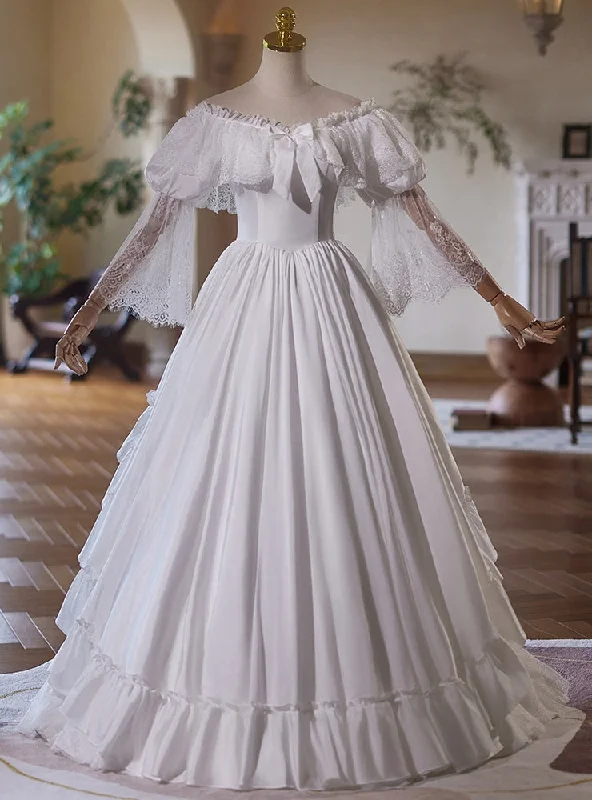 White Satin Lace Long Sleeve Tiers Wedding Dress Beaded Wedding Gown