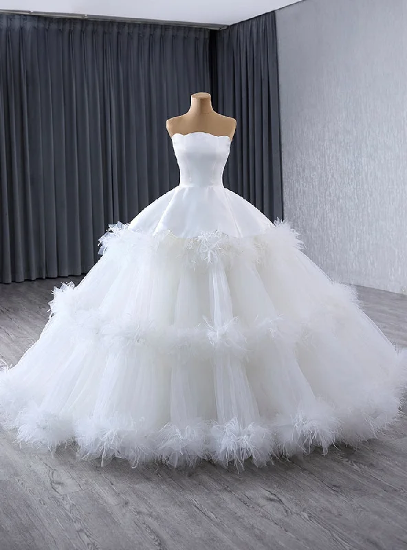 White Tulle Strapless Tiers Feather Wedding Dress Off-shoulder Gown