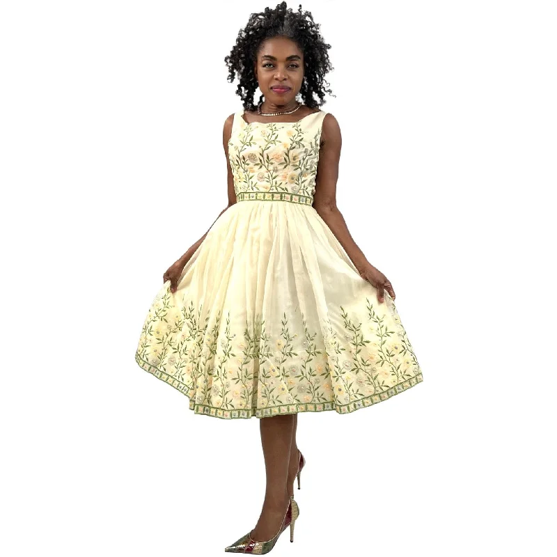 Vintage 1950s Dress MCM Pale Yellow Embroidered Skirt XS Cotillion Full SKirt Y2K unclassified skirts