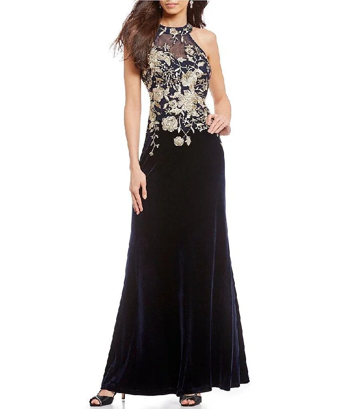 Cachet - Floral Embroidered Halter Evening Dress 59820 - 1 pc Black Gold In Size 4 Available Velvet party dresses