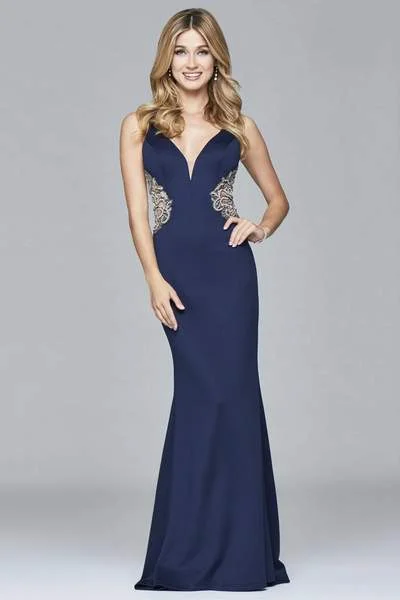 Faviana - Beaded Fitted Neoprene Gown s7916 - 1 Pc Navy in size 0 Available Satin party dresses