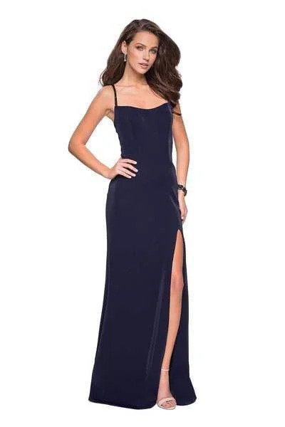 La Femme - Beaded Strappy Scoop Gown with Slit 27089SC - 1 pc Gunmetal In Size 6 Available Sexy party dresses