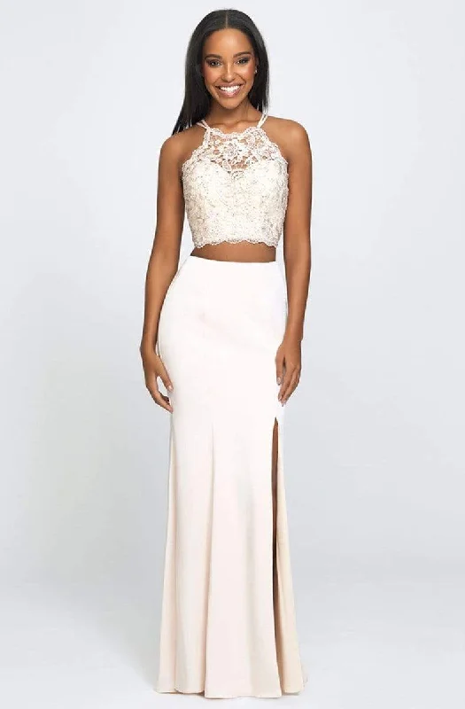 Madison James - Two-Piece Beaded Illusion Halter Gown with Slit 19-201 - 1 pc Champagne In Size 02 Available Best party dresses for cocktail parties