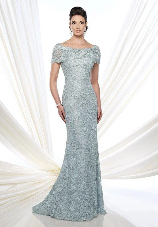 Mon Cheri - 215D03 Bateau Scalloped Lace Applique Evening Gown - 1 pc Blue Willow in Size 8 Available Tulle party dresses