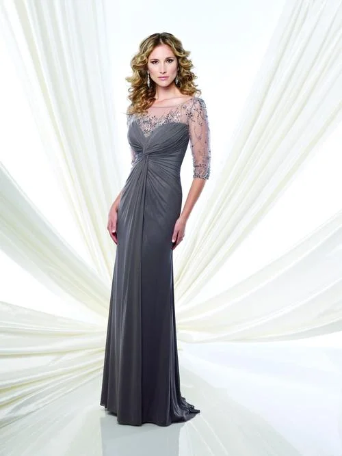 Mon Cheri Sheer Elbow Sleeves Ruched Gown 215902 Formal party dresses