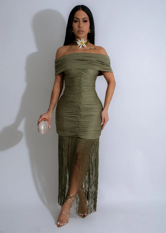 Sage Serenade Ruched Fringes Maxi Dress Green Bodycon maxi dresses