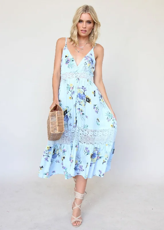 About The Weekend Midi Dress - Light Blue Cute floral print midi dresses