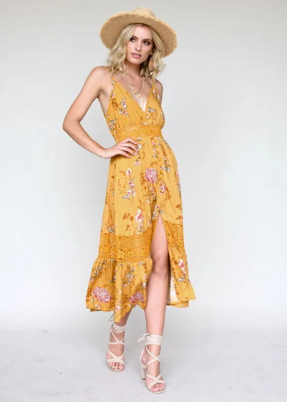 About The Weekend Midi Dress - Mustard Floral Anniversary midi dresses