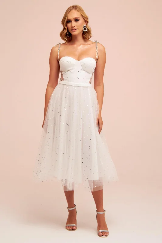 Angelino Ecru Tulle Strappy Starry Princess Midi Wedding Dress Spring midi dresses