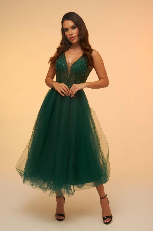 Angelino Emerald Tulle Low-Rise Midi Dress Vacation midi dresses