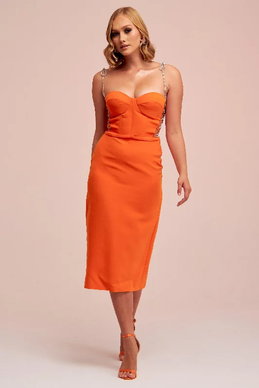 Angelino Orange Stone Lace Midi Crepe Evening Dress Budget-friendly midi dresses