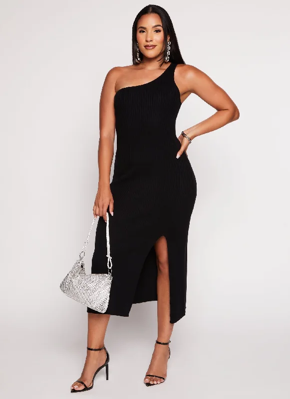 Rib Knit One Shoulder Midi Dress Satin midi dresses