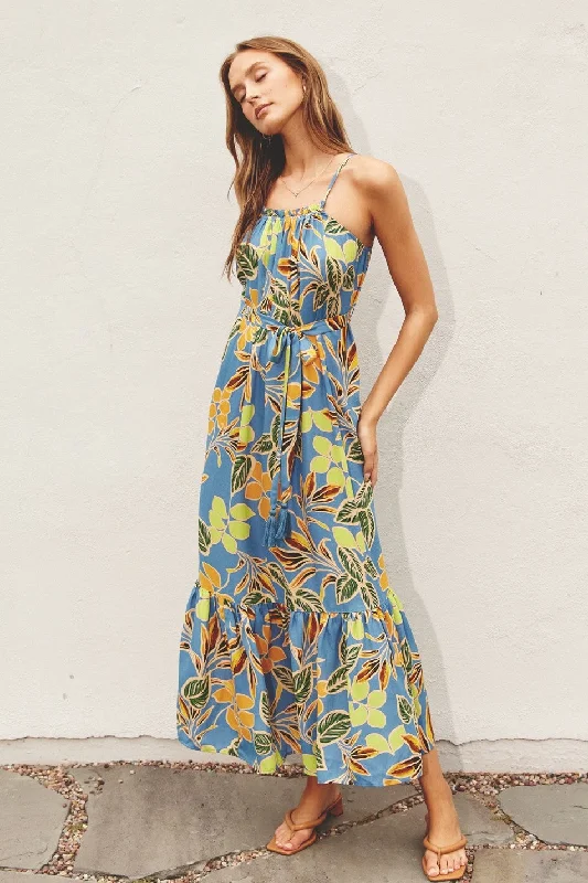 Blue Floral Open Back Midi Dress Comfortable midi dresses for everyday wear