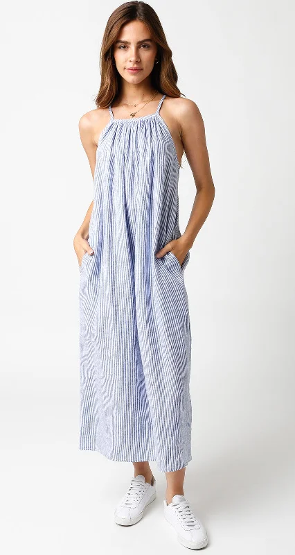 Blue Striped Linen Midi Dress Street style midi dresses