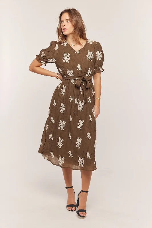 Brown Embroidered Sash Tie Midi Dress Summer party midi dresses