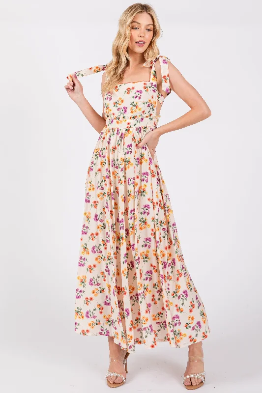 Cream Floral Open Back Midi Dress Edgy midi dresses