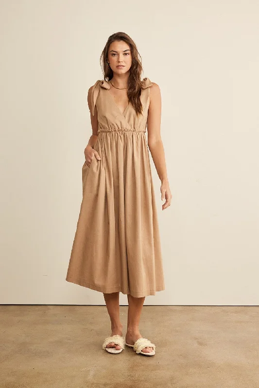 Mocha Linen Shoulder Tie Midi Dress Wrap midi dresses