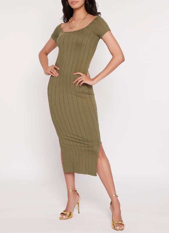 Ribbed Off The Shoulder Side Slit Midi Dress Minimalist midi dresses