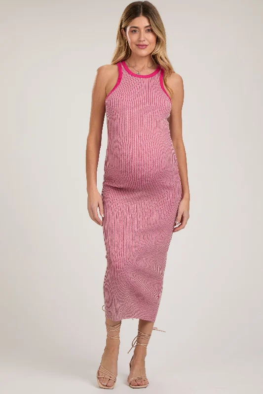 Pink Ribbed Knit Sleeveless Fitted Maternity Midi Dress Off-shoulder midi dresses