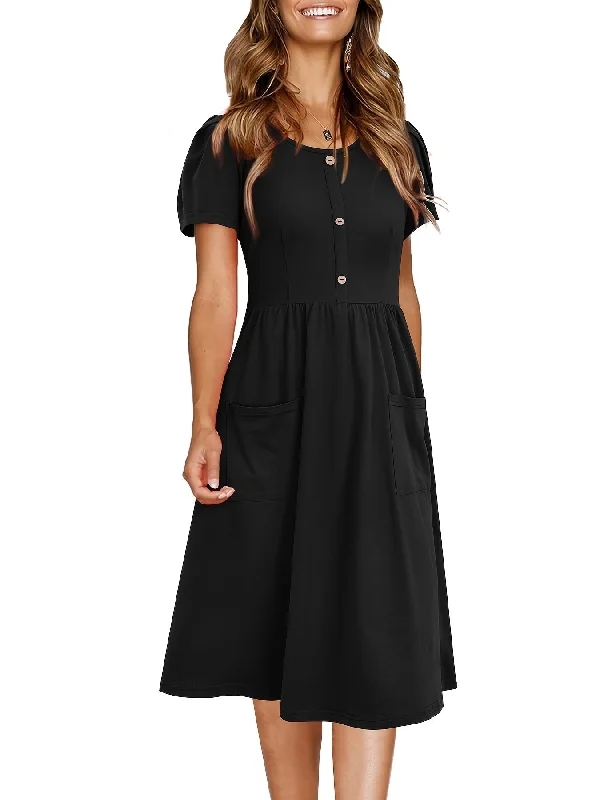 Solid Crew Neck Short Sleeve Fake Buttons Casual High Waist Ruffled Hem Midi Dress Sexy midi dresses