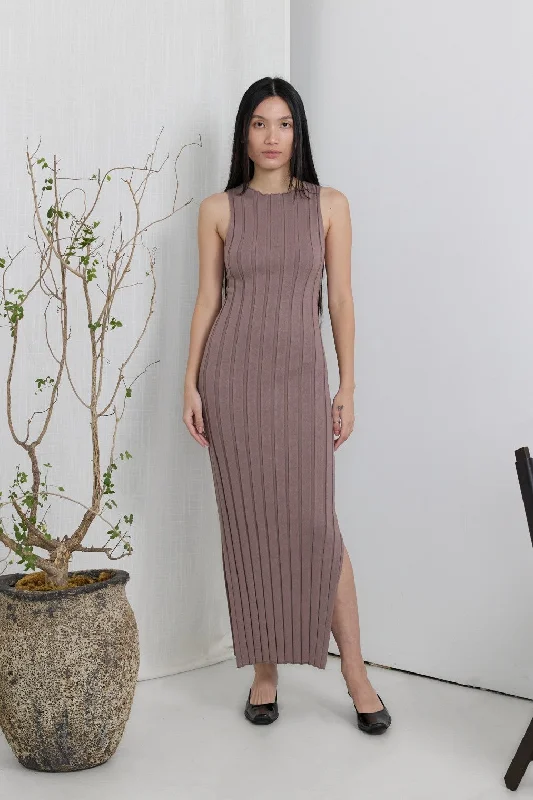 Taupe Sleeveless Knit Side Slit Midi Dress Hot new arrivals in midi dresses