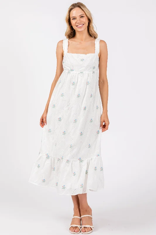 White Eyelet Floral Embroidered Back Tie Cutout Midi Dress Casual midi dresses