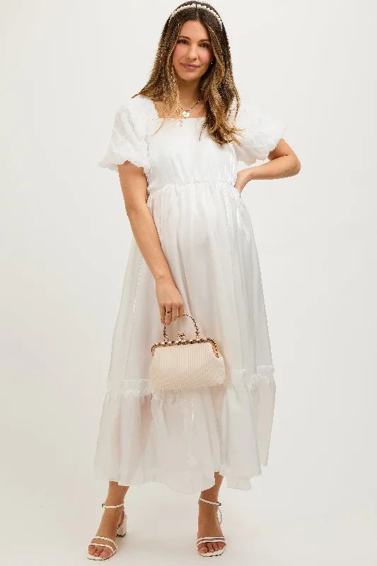 White Iridescent Textured Puff Sleeve Maternity Midi Dress Chiffon midi dresses