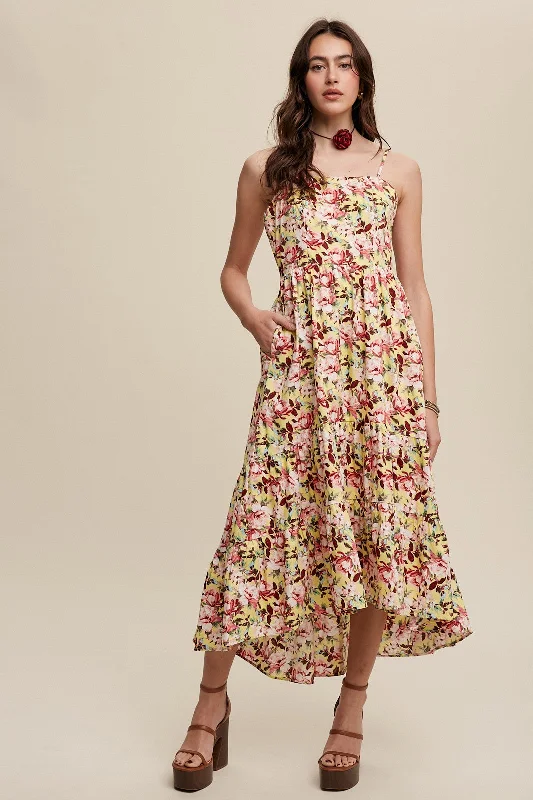 Yellow Floral Tiered Hi-Low Midi Dress Corset midi dresses