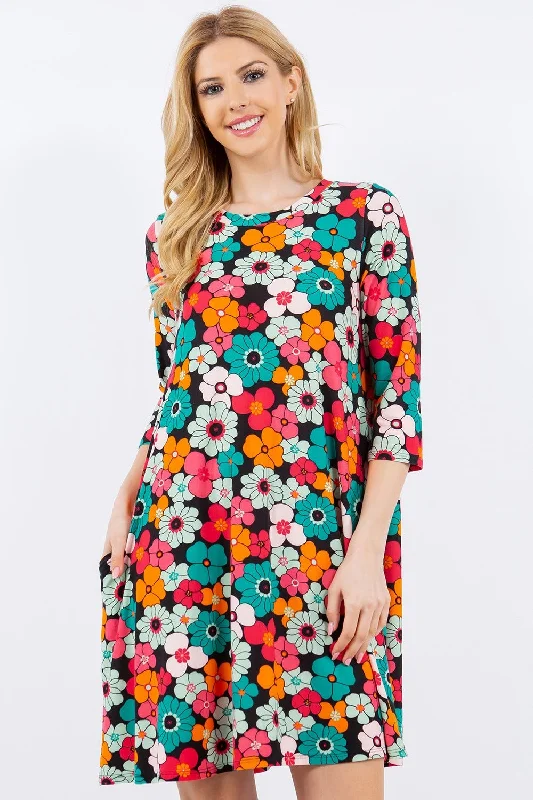 Blue Zone Planet |  Celeste Full Size Floral Three-Quarter Sleeve Dress with Pockets Midi floral dresses