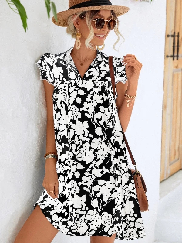 Blue Zone Planet |  Floral Tie Neck Butterfly Sleeve Dress Comfortable floral dresses for everyday wear