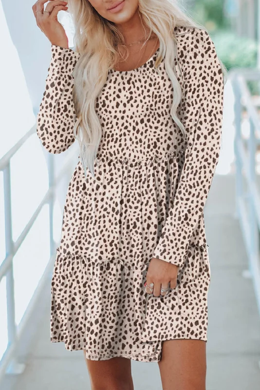 Blue Zone Planet |  Leopard Animal Print Tiered Long Sleeve Dress Luxury floral dresses