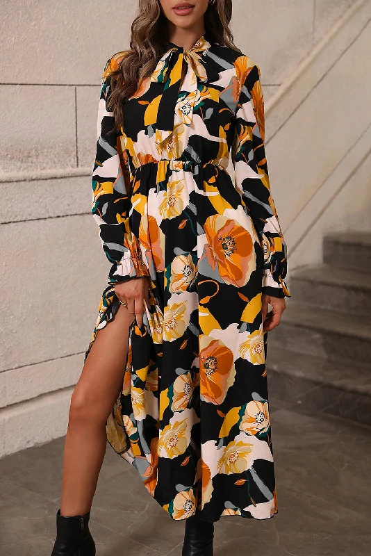 Blue Zone Planet |  Orange Floral Print Tie Neck Long Sleeve Dress Cheap floral dresses