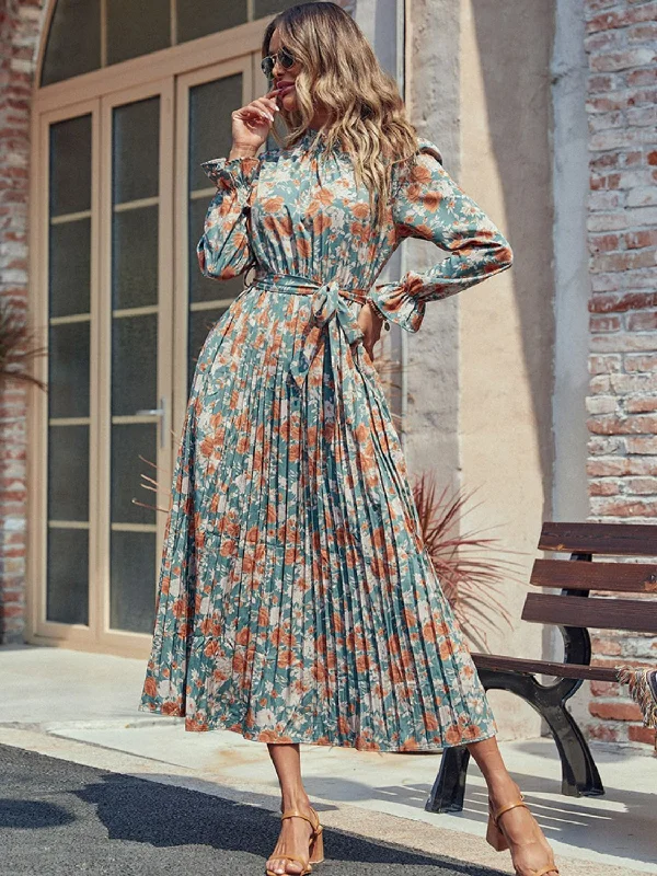 Blue Zone Planet |  Perfee Tied Pleated Printed Mock Neck Long Sleeve Dress Birthday floral dresses