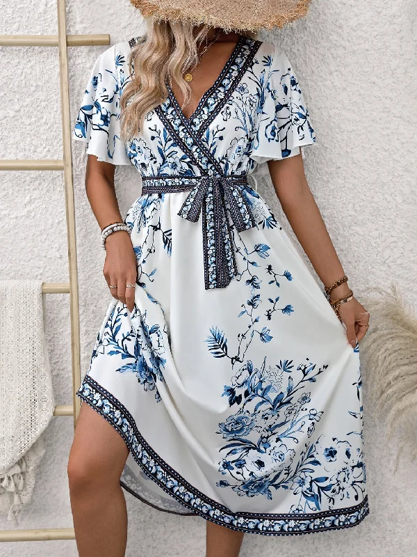 Blue Zone Planet |  Printed Surplice Flutter Sleeve Dress Mini floral dresses